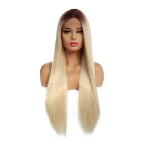 Ombre Blonde Straight Synthetic Lace Front Wigs With Brown Root